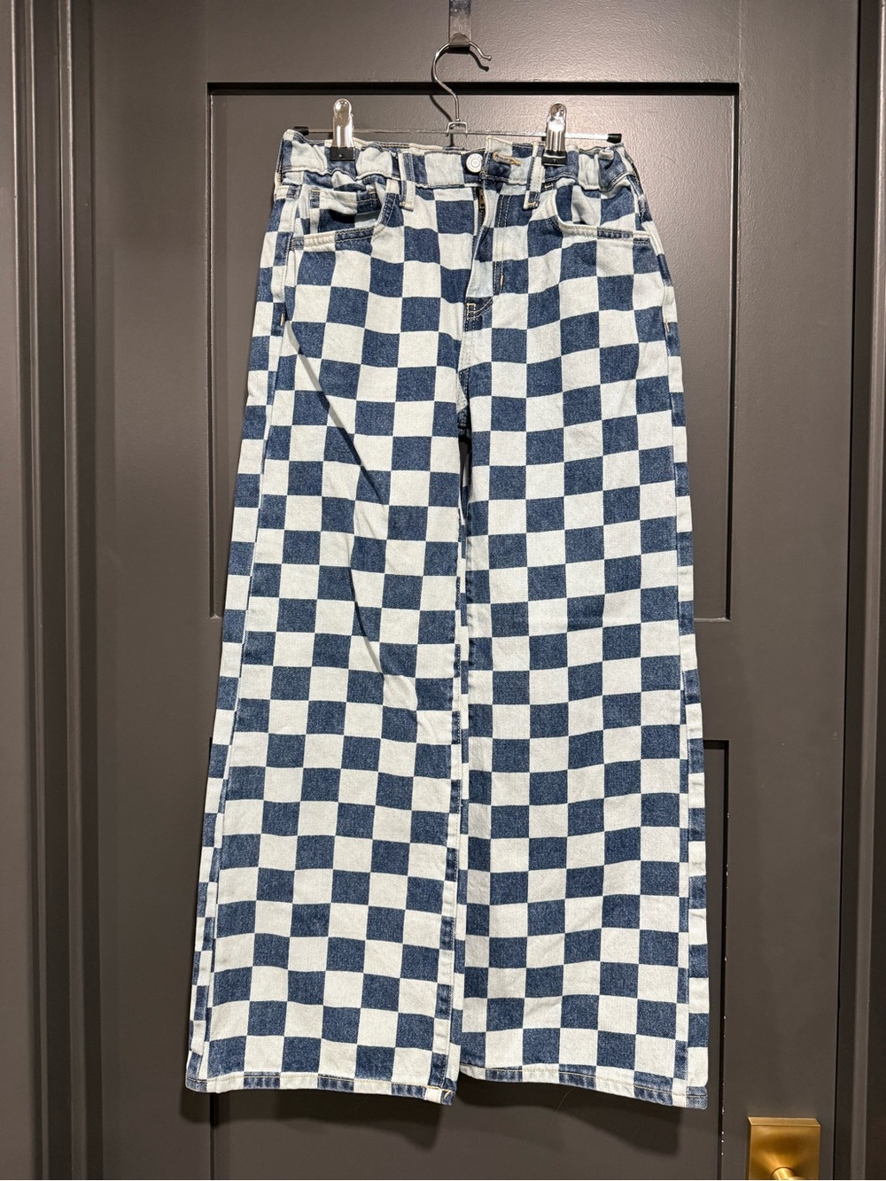 Old Navy Checkerboard High Rise Baggy Wide-Leg Jeans in Blue and White